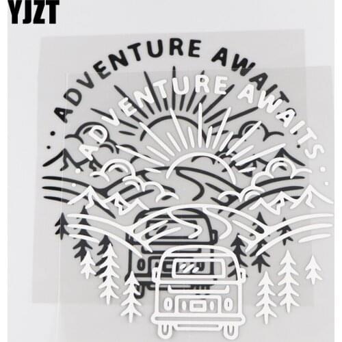 YJZT 16.5×16.5CM ADVENTURE AWAITS Car Sticker Vinyl Decal Cartoon Landscape Design Black/Silver 4C-0490