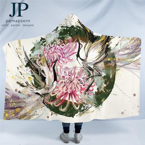 Bird by Jp.pemapsorn Hooded Blanket Crane Microfiber Sherpa Blanket Watercolor Art Wearable Blanket Chrysanthemum Flower Mantas
