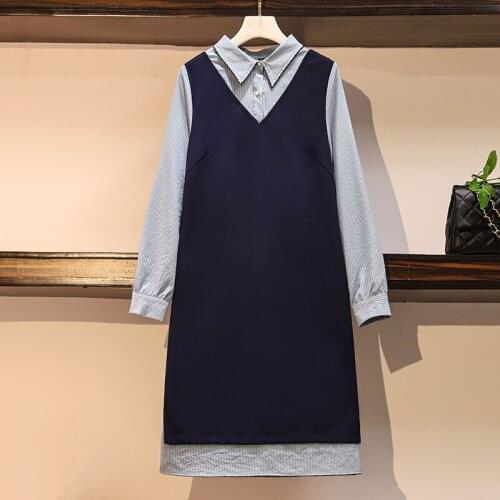 EHQAXIN Autumn Womens Dresses 2021 Elegant Sweet Striped Shirt Stitching Large Size Long-Sleeved Button Dress For Female L-4XL