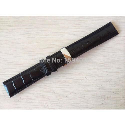 20mm (Buckle18mm) T019430 High Quality Silver Butterfly Buckle + Black Genuine Leather Watch Bands Strap