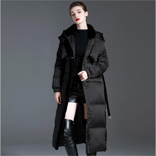 High Quality Winter Thicken White-Duck-Down Coats Women Hooded Waist Outwear Fashion Elegant Ladies Long Jackets Warm Overcoat