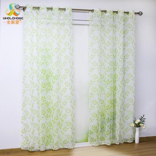 Voile Curtain Sheers Green Grey Leaves Decorative Window Curtains Home Living Room Bedroom Tap Top Pastoral Curtains Drapes