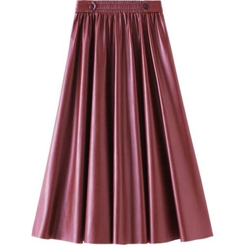 New PU Leather Skirts Womens 2020 Spring Autumn Elastic High Waist Solid Button A Line Long Pleated Skirt Harajuku Streetwear