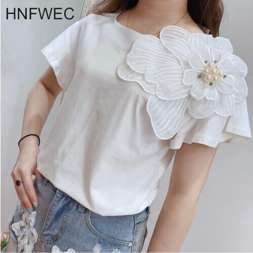2020 summer new sweet Style women loose feminina Solid color Short Sleeve White Women T-shirt 3d Flower Pearl Cotton K312