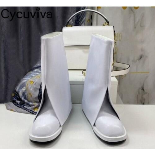 Folded Cut Modern Boots Women Flats Round Toe Genuine Leather Shoes For Women Slip On Platform Botas Round Toe Bottnes Zapatos