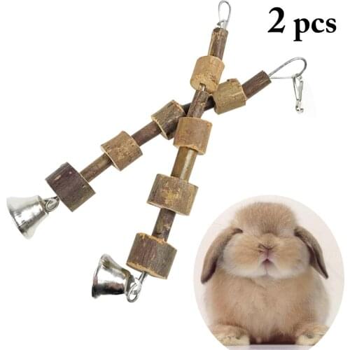 2pcs Rabbit Chewing Toys Wooden Rabbit Hanging Toys Hamsters Molar Toys with Bell Small Pet Teeth Improve Accessorie