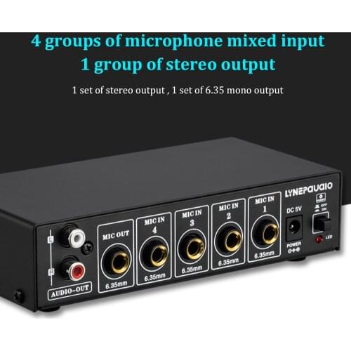 4 Channels B054 Microphone Mixer Support Stereo Output Mini Audio Mixer with Reverb Treble and Bass Adjustment USB 5V Mic Mixer
