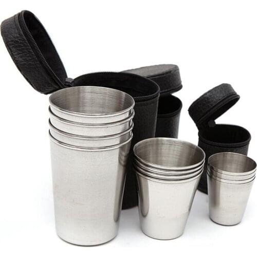 4PCS 30ML/70ML/150ML Stainless Steel Cup Polished Wine Drinking Shot Glasses Cup With Leather Bag For Home Kitchen Bar Drinkware