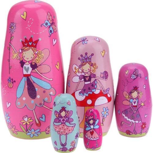 5pcs/Set Basswood Russian Matryoshka Dolls Fantasy Pink Angel Wooden Nesting Dolls Girls Woodcraft Toy Gift