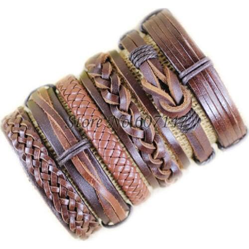 Wholesale Handmade 6pcs Multiple Layers Brown Leather Bracelets Men Classic Rope Chain Bracelet For Men Jewelry Gifts -H21