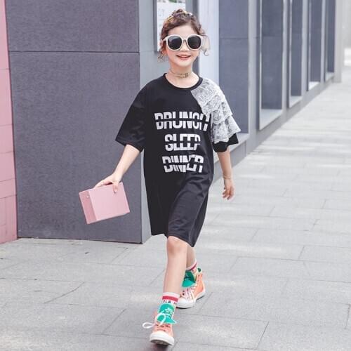 Brand Children Girls Clothes Summer T-shirt Lace Spliced Cotton T shirt Loose Long Letter Tees Casual Top 4 5 7 9 10 12 13 Years