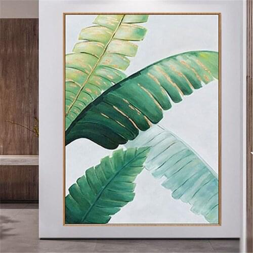 Nordic decorative paintings hand-painted oil painting plant banana leaf green canvas painting modern living room porch wall art
