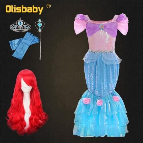 The Little Mermaid Halloween Costume Christmas Girls Fancy Princess Ariel Dress Summer Childrens Evening Party Dress Ariel Wig