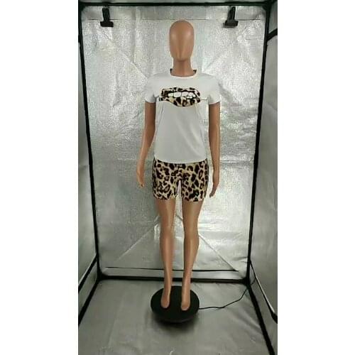 Ready to ship Summer leopard printed Tshirt and shorts casual suit two piece set for women