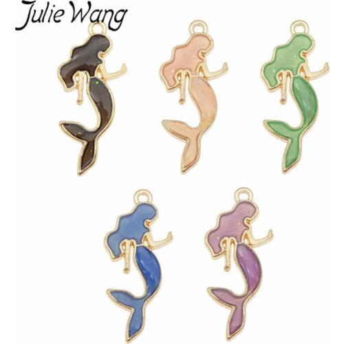 Julie Wang 10PCS Enamel Mermaid Princess Charms Multi-colors Gold Tone Bracelet Necklace Alloy Jewelry Making Accessory
