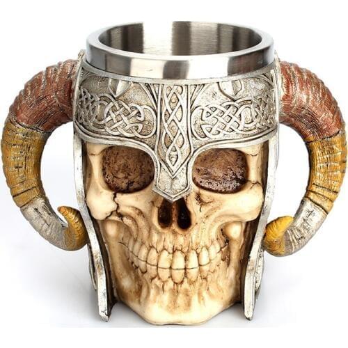 Coffee Mug Resin Striking Warrior Tankard Viking Skull Double Wall Cup Thermos 304 Stainless Steel/Resin Skull Mug Coffee Cup