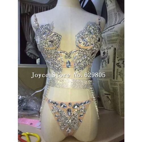 Silver Rhinestones Bra Low Waist Short Underwear Womens Birthday Dance Outfit Bar Female Singer Prom Outfit Two Piece Set