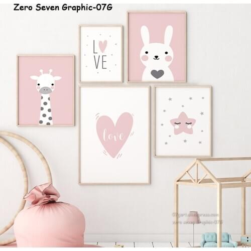 Cute Simple Cartoon Pink Love Bunny Giraffe Stars Nordic Canvas Picture Print Wall Art Poster Decor For Nursery Baby Girls Room