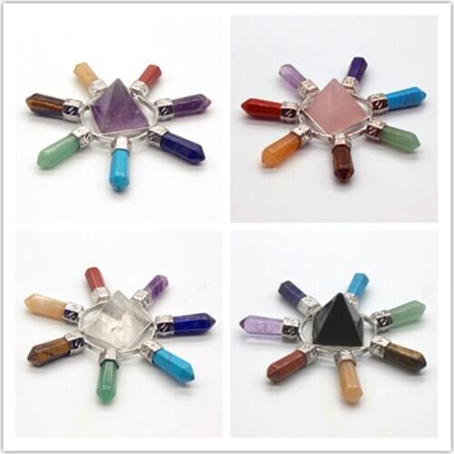 Trendy-beads Unique Silver Plated Many Color Stone Square Pyramid With 7 Color Hexagon Column Chakra Pendant