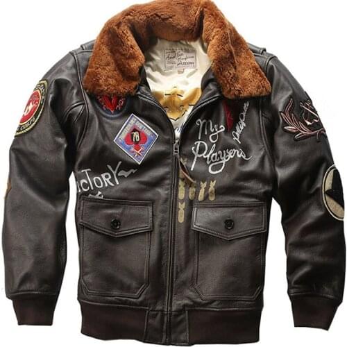 2021 Winter Mens Genuine Leather Jacket Top Layer Cowhide Fur Collar Embroidered Logo Bomber Flight Jacket Leather Coat Male