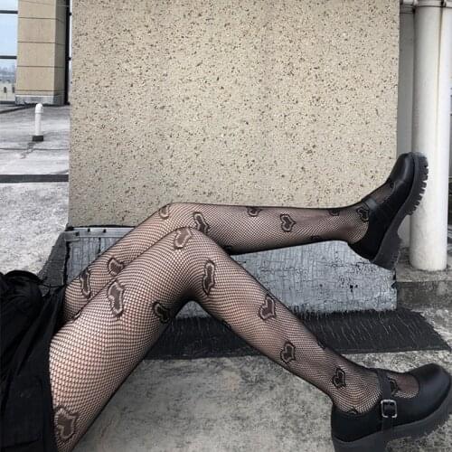New Japanese Gothic Style Women Sexy Hollow Out Fishnet Black Pantyhose Heart Jacquard See-Through Slim Tights Stockings Party