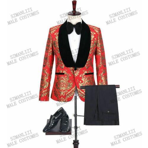 New Italian Design 2020 Slim Red Gold Floral Velvet Lapel Tuxedo Dress Men Suits For Wedding Groom Smoking Prom Best Man Blazer