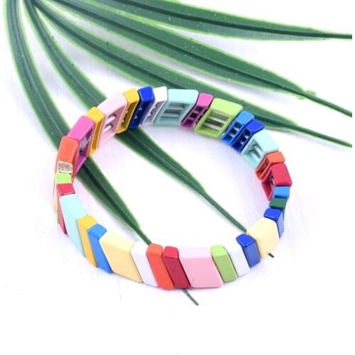 New Rainbow Adjustable Stackable Enamel Tile Womens Bracelet Luxury Color Retention Bohemian Cuff Jewelry