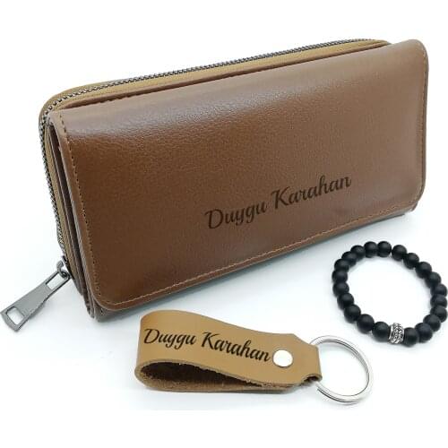 Valentine Gift Personalized Wallet Women Leather Keychain and Bracelet Gift Lady Long Purse Zipper Name Written Best Gift