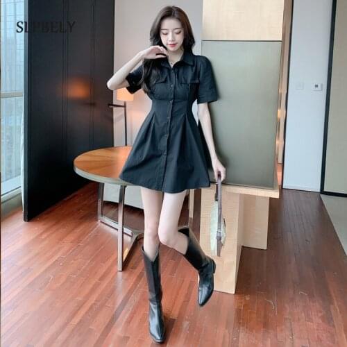 SLPBELY Casual Women Dress Summer Polo A-Line Button Short Sleeve Chic Knee-length Mini Dress Black White Ruffles Dress Vestido