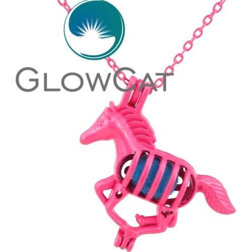 RR43 Hot Pink Running Horse Oyster Pearl Beads Cage Aromatherapy Essential Oil Diffuser 18'' Necklace Locket Cage