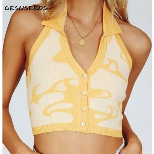 Sexy tank top women knit tops sleeveless corset top backless halter tops elegant polo collar crop top women button vest yellow
