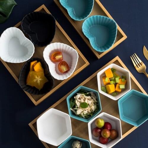 Hexagon Ceramics Grid Fruit Plate Wooden Pallets Snack Dish Partition Child Salad Bowl Nordic Desktop Dried Fruit Trays Decor