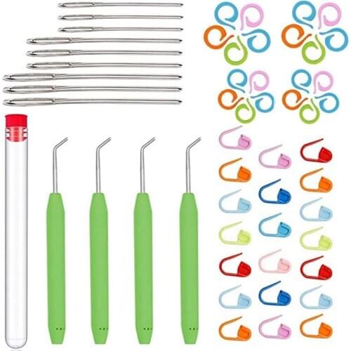 Nonvor Plastic Sewing Needles Crochet Hook with Needle Loom Pick Steel Large-Eye Needles, Knitting Stitch Markers, for Knitter