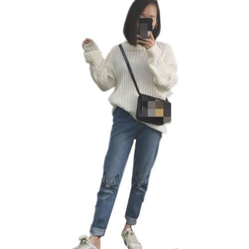 ZG1029 spring autumn new 2020 womens fashion high-waisted loose embroidered kitten jeans cheap wholesale