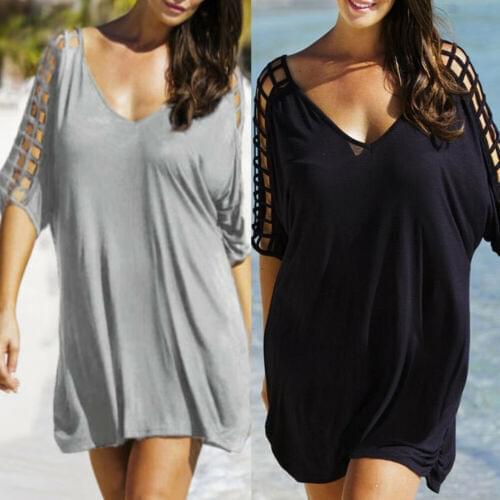 Women Beach Short Sleeve Bikini Long Shirt Cover Up Sleeeve Hollow Beachwear Bathing Plus Size