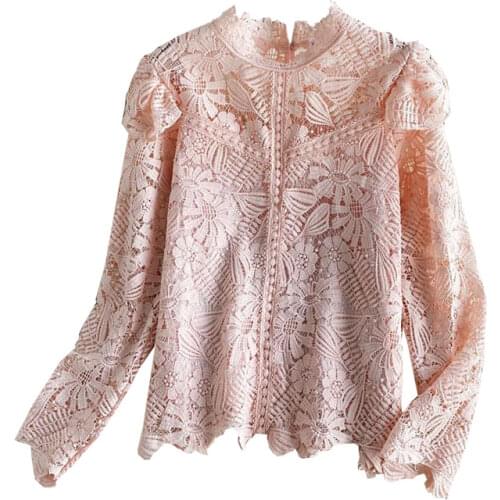 New Spring Autumn Women Stand Collar Long Sleeve Loose Blouse High Quality Hook Flower Hollow Water Soluble Lace Shirt