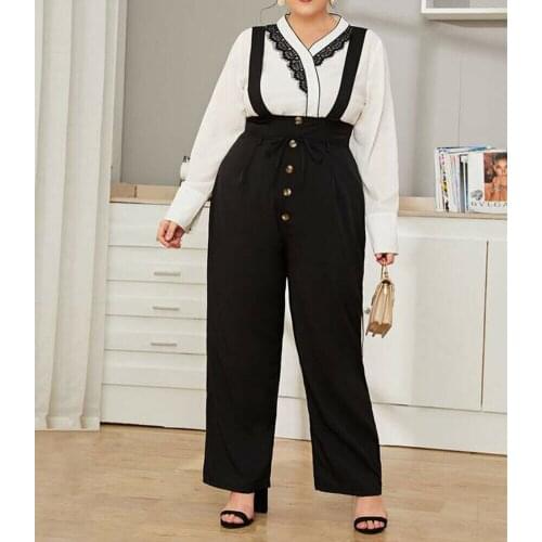 Women Loose Overalls Long Sleeve Sling Jumpsuit Bib Dungarees Ladies Suspender High Waist Pencil Pants Playsuit Plus Size 4XL
