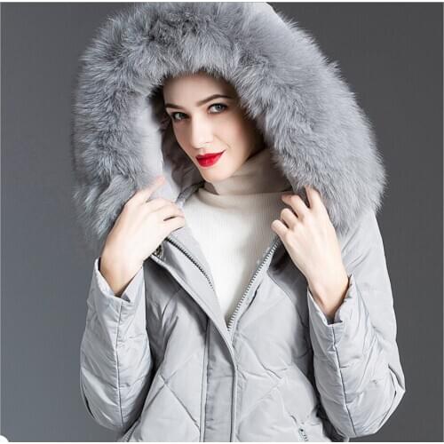 Women Hooded mid-length lightweight down jacket with fur collar female grey Jacket lady Thick Warm Loose oversize gray coats