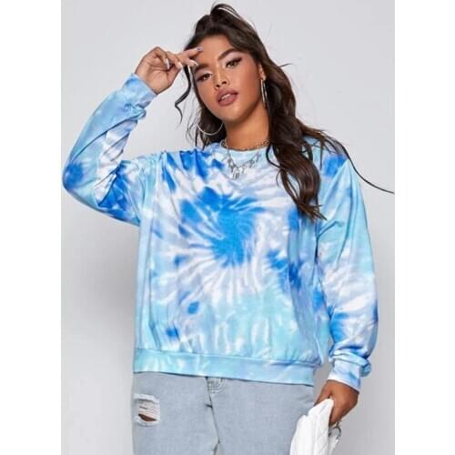 Womens Casual Sweatshirt Long-sleeved Large Size Lady Tie-dye Tops Women Autumn Winter Lady Fashion Casual Loose O-Neck Blue