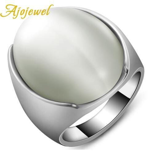 Ajojewel Size 7-10 Single Big White Opal Stone Finger Rings Men Women Fashion Jewelry Wholesale