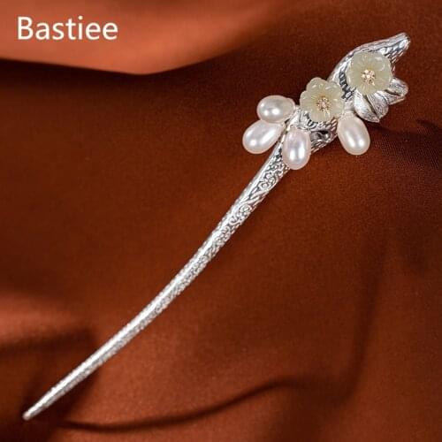 Bastiee 925 Sterling Silver Pearl Hair Stick Luxury Chinese Wedding Jewelry Jade Hairpins Women Wedding Accessories
