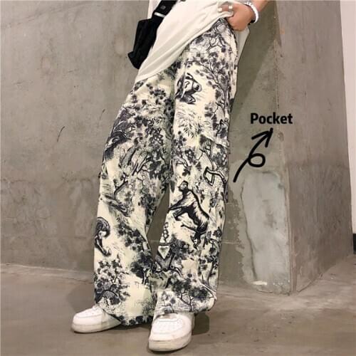 Vintage Pants for Women Korean Style Wide Leg Pants Women High Waist Cargo Pants Ink Painting Print Harajuku Graffiti Pants