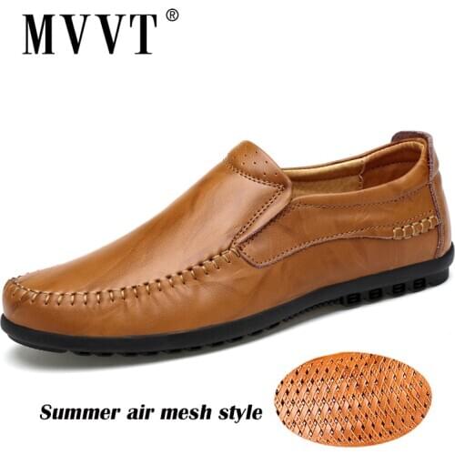 Breathable Quality Split Leather Shoes Men Loafers Slip-On Fashion Air Hole Casual Shoes Flats Business Summer Men Shoes