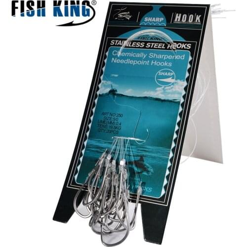 FISH KING 20Pcs/Pack High Carbon Steel Bass Barbed Hooks With Line Flatted Chinook Salmon Fishing Equipment Accessories