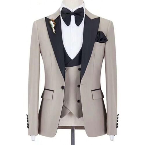 Hot Sale Groomsmen Beige Groom Tuxedos Peak Black Lapel Men Suits Wedding 3 Pieces Blazer ( Jacket+Pants+Bow Tie+Vest ) C409