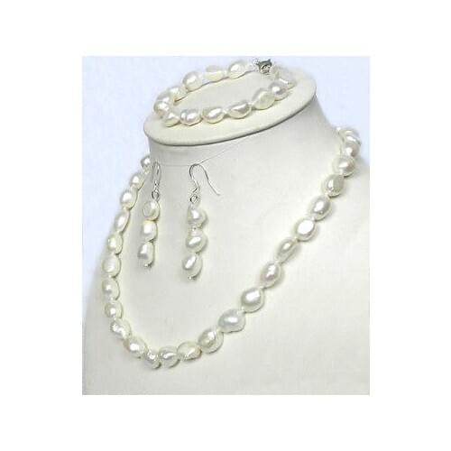Hot Free Real 10-12mm Natural White Pearl Necklace Bracelet + Earrings 17 " set