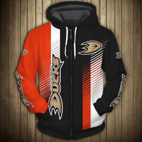 Anaheim mens casual 3D zipper hoodie Black and red stripes stitching abstract geometric pattern printing Ducks sweatshirt