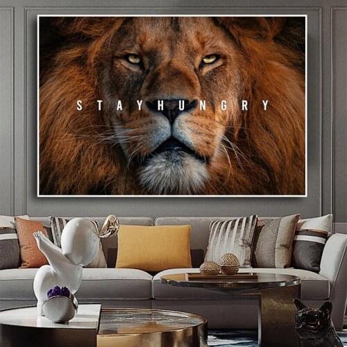 Stay Hungry Animal Lion Inspirational Canvas Painting Wall Art Posters Prints Wall Pictures for Living Room Home Wall Cuadros