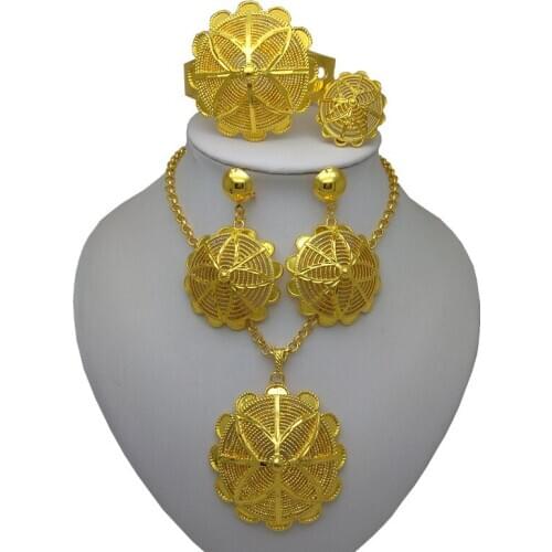 Kingdom Ma New Dubai Headwear Necklace Bracelet Earrings Ring Gold Color Jewelry Sets African Bridal Wedding Accessories Jewelry
