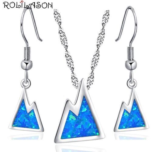 ROLILASON the hill Jewelry Set for Women Anniversary Blue Fire Opal Silver Stamped 925 Earrings Pendant with chain OS029